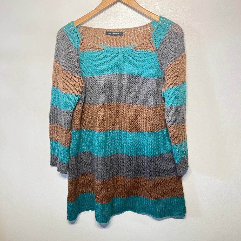 VTG MaryJane.Knits Sweater Kid Mohair Wool Teal Brown Gray Striped Tunic Boho M
